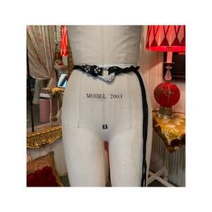 vintage 1990s black rope belt 90s fashion rhinestone glam large